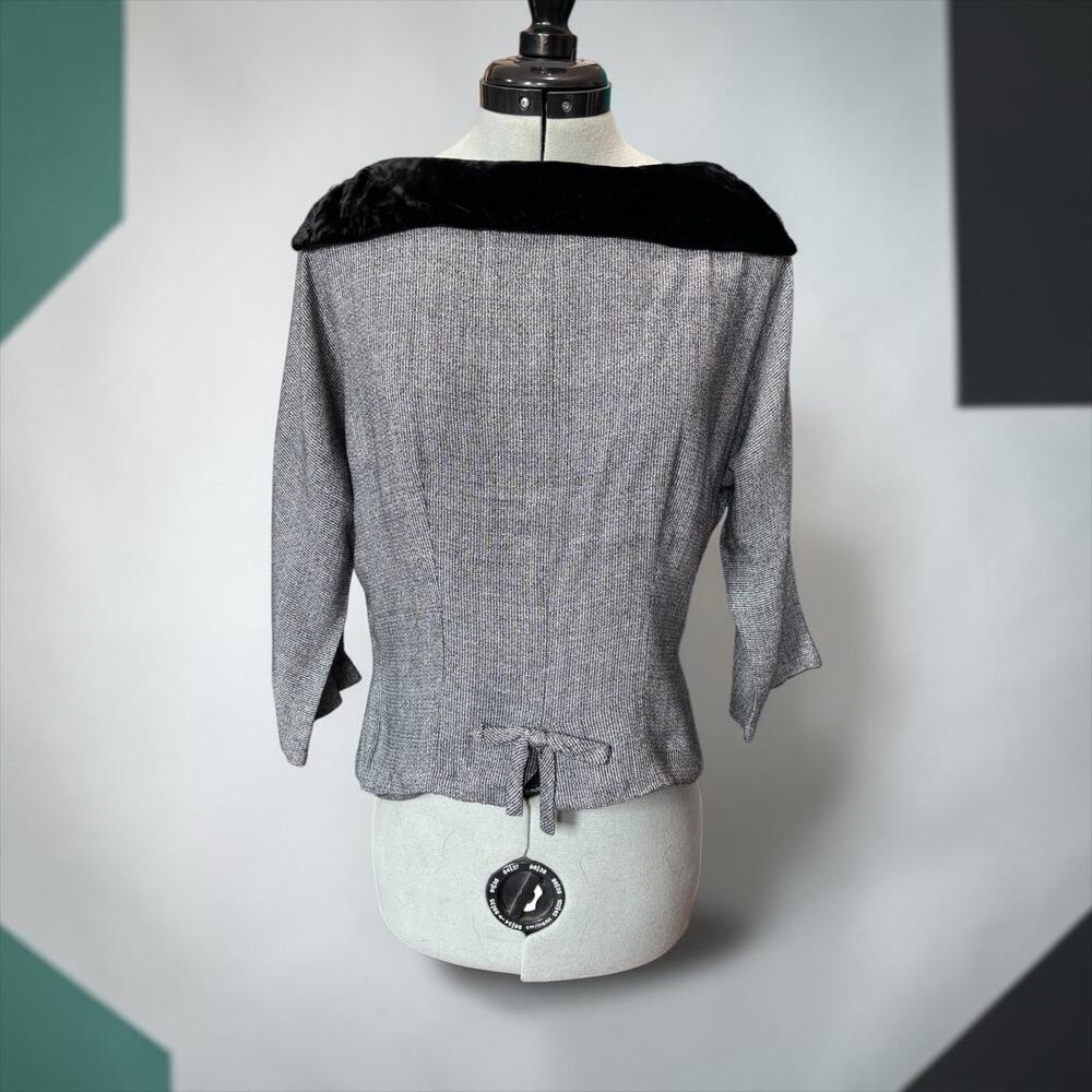 1950s Gray Wiggle Top Black Velvet Portrait Collar Hourglass Rockabilly